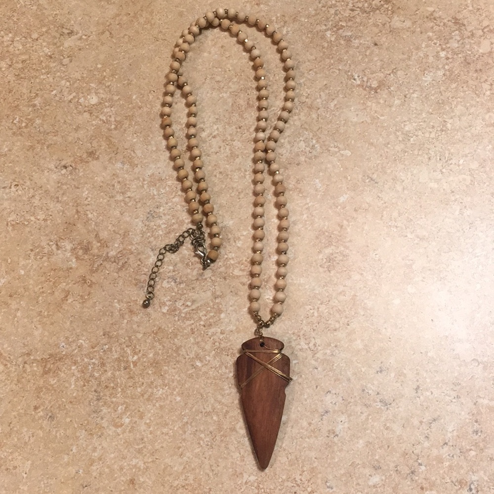 Wood beaded arrowhead necklace